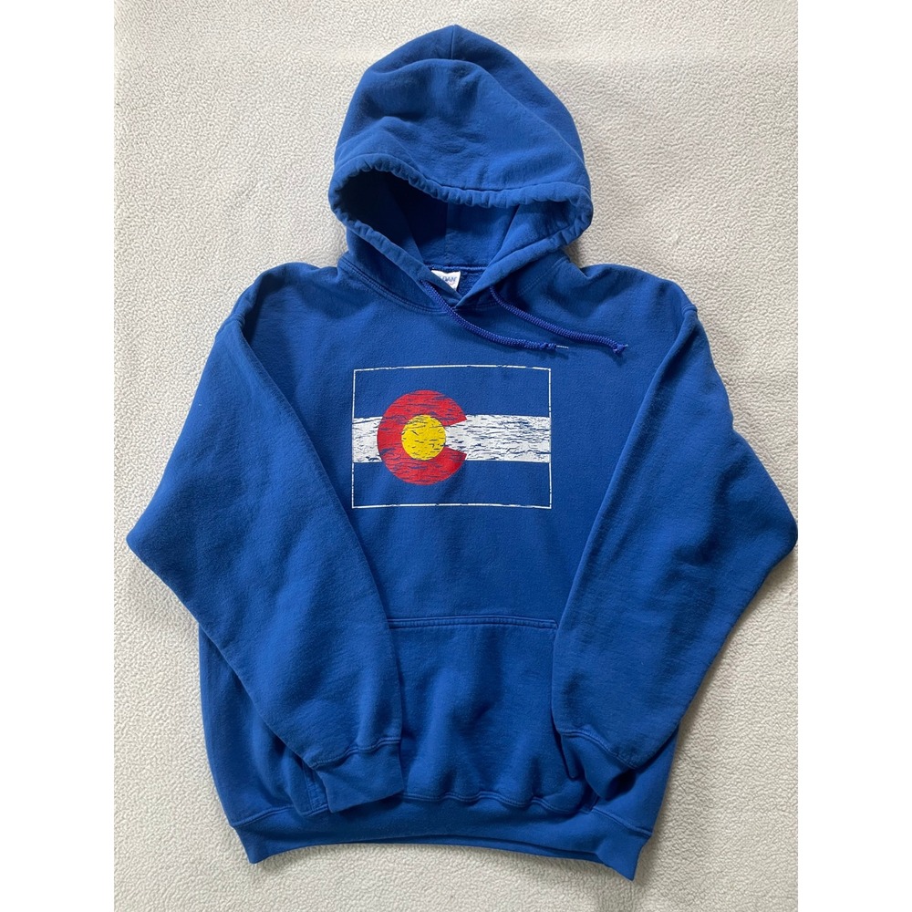 Gildan Mens Large Hoodie Blue Colorado State Flag Distressed Graphic Pullover